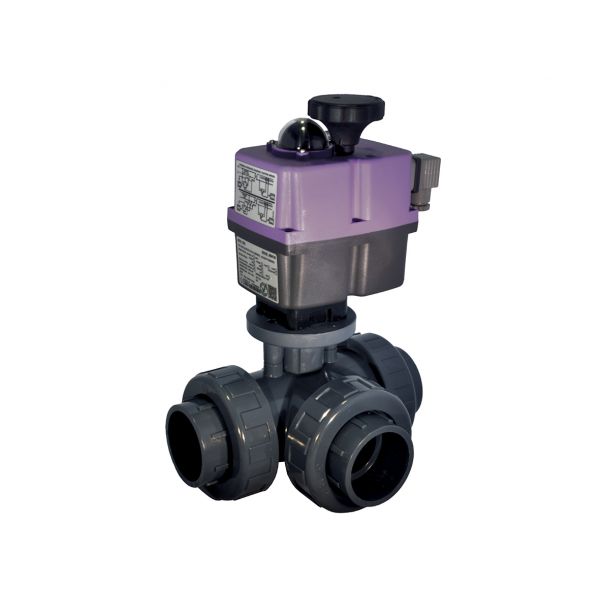 3 WAY T PORT BALL VALVE PTFE - THREAD - EPDM O'RINGS with ELECTRICAL ACTUATOR