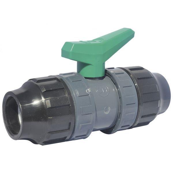 2 WAY BALL VALVE DOUBLE UNIÓN THREAD GREEN HANDLE WITH P.P. PRESSURE FITTINGS FOR PE PIPES, EPDM